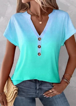 Plus Size Mint Green Button Ombre T Shirt -Rosewe Promotion Store 333502 P 1683538218537