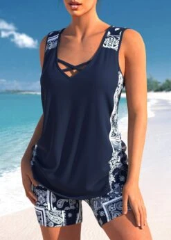 Mid Waisted Tribal Print Drawstring Navy Tankini Set -Rosewe Promotion Store 333528 P 1683535411817