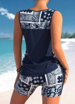 Mid Waisted Tribal Print Drawstring Navy Tankini Set -Rosewe Promotion Store 333528 P 1683535411829