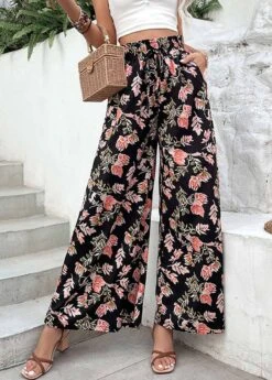 Floral Print Lightweigh Black Elastic Waist Pants