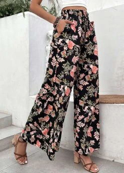 Floral Print Lightweigh Black Elastic Waist Pants -Rosewe Promotion Store 333554 P 1683595951567