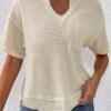 Pocket Split Neck Short Sleeve Beige T Shirt -Rosewe Promotion Store 333573 P 16859655806283