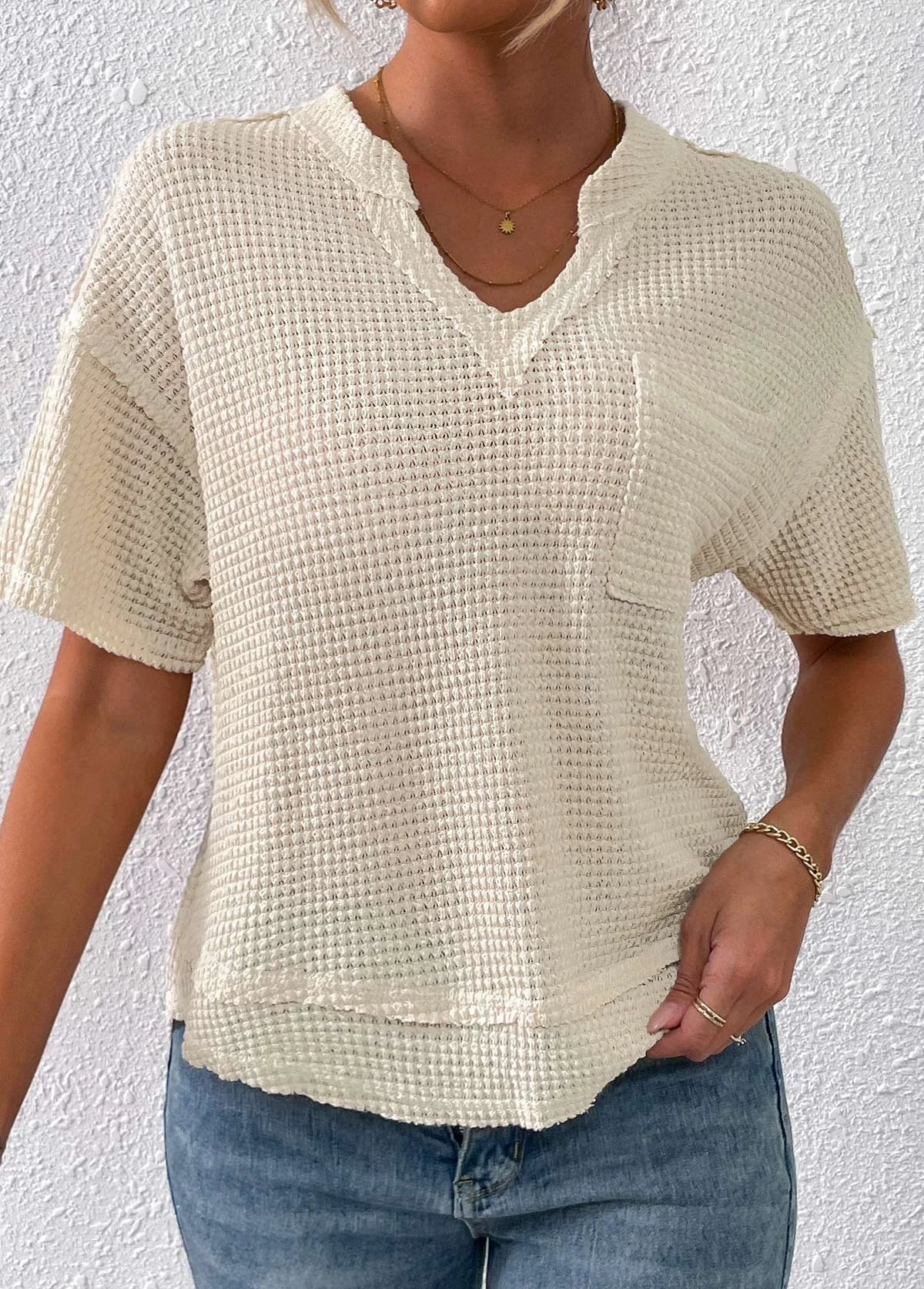 Pocket Split Neck Short Sleeve Beige T Shirt 3 Pocket Split Neck Short Sleeve Beige T Shirt
