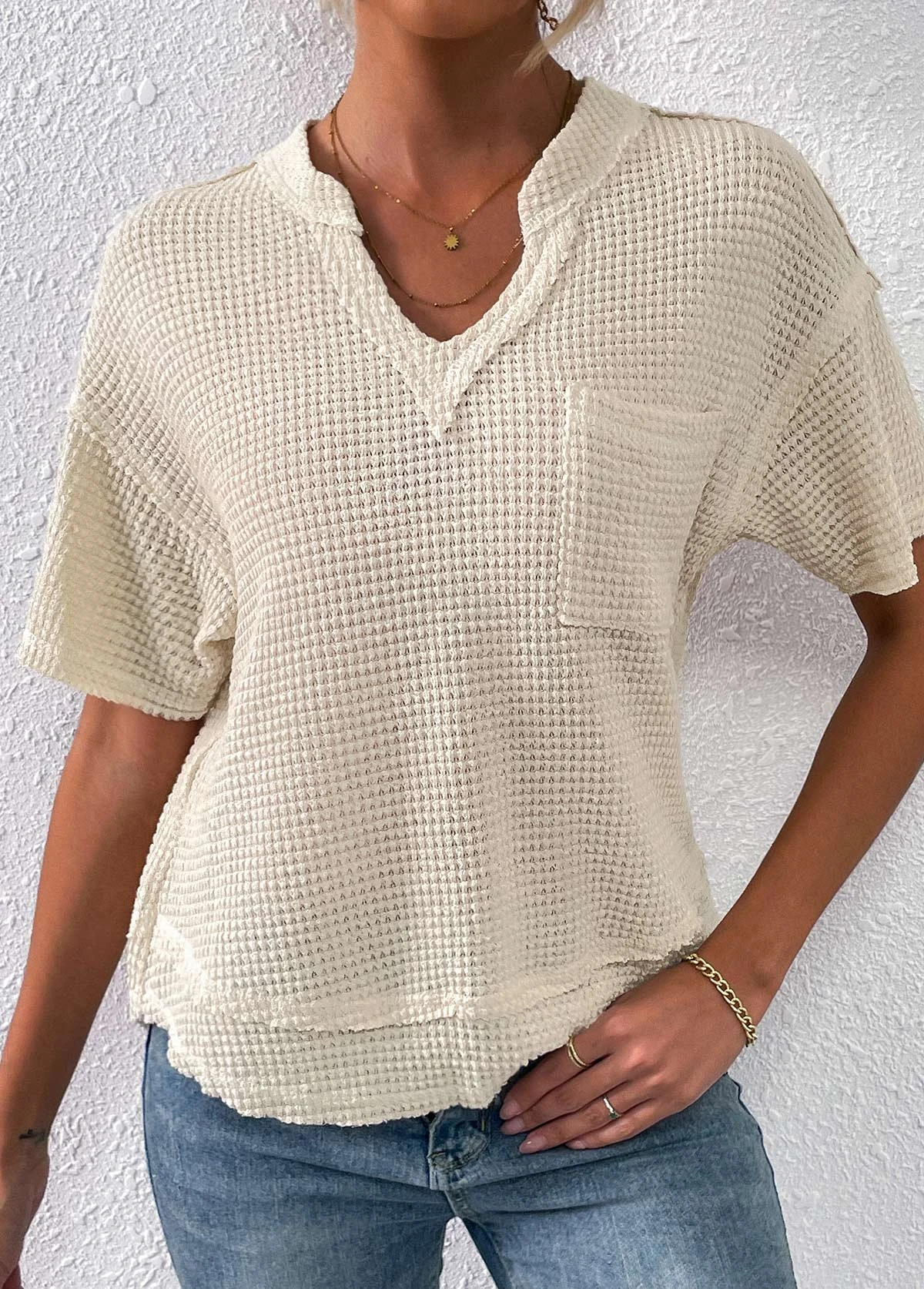 Pocket Split Neck Short Sleeve Beige T Shirt 6 Pocket Split Neck Short Sleeve Beige T Shirt - Image 4