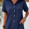 Pocket Shirt Collar Short Sleeve Navy Blouse -Rosewe Promotion Store 333575 P 16854383992140