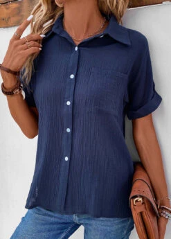 Pocket Shirt Collar Short Sleeve Navy Blouse -Rosewe Promotion Store 333575 P 16854383994252