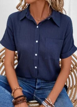 Pocket Shirt Collar Short Sleeve Navy Blouse -Rosewe Promotion Store 333575 P 16854383999124