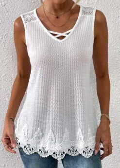 Lace V Neck White Tank Top -Rosewe Promotion Store 333577 P 16856140210134