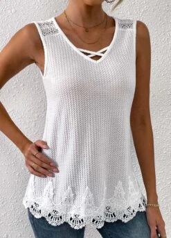 Lace V Neck White Tank Top -Rosewe Promotion Store 333577 P 16856140211152