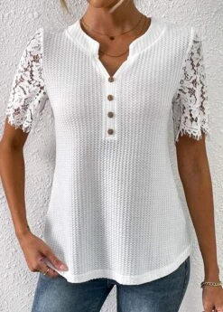 White Split Neck Half Sleeve Lace T Shirt