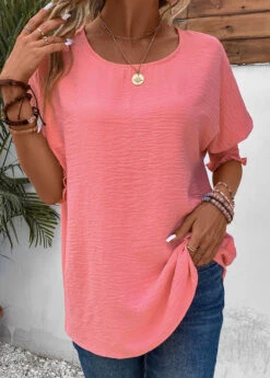 Smocked Round Neck Half Sleeve Pink T Shirt -Rosewe Promotion Store 333582 P 16854383920893