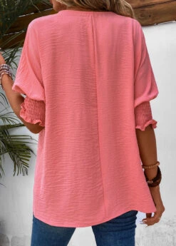 Smocked Round Neck Half Sleeve Pink T Shirt -Rosewe Promotion Store 333582 P 16854383922331