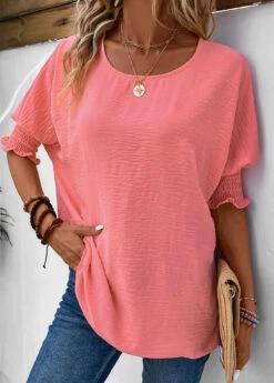 Smocked Round Neck Half Sleeve Pink T Shirt -Rosewe Promotion Store 333582 P 16854383924825