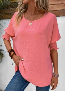 Smocked Round Neck Half Sleeve Pink T Shirt -Rosewe Promotion Store 333582 P 16854383928672