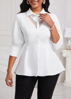 Patchwork Shirt Collar Half Sleeve White Blouse