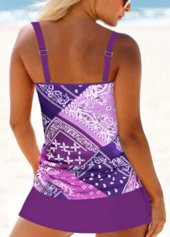 Mid Waisted Tribal Print Drawstring Purple Tankini Set -Rosewe Promotion Store 333650 P 1684984358589