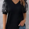 Plus Size Black Sequin Short Sleeve T Shirt 2 Plus Size Black Sequin Short Sleeve T Shirt -Rosewe Promotion Store 333661 P 1683625034630