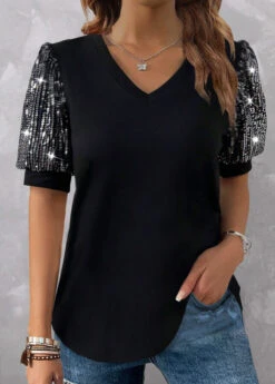 Plus Size Black Sequin Short Sleeve T Shirt