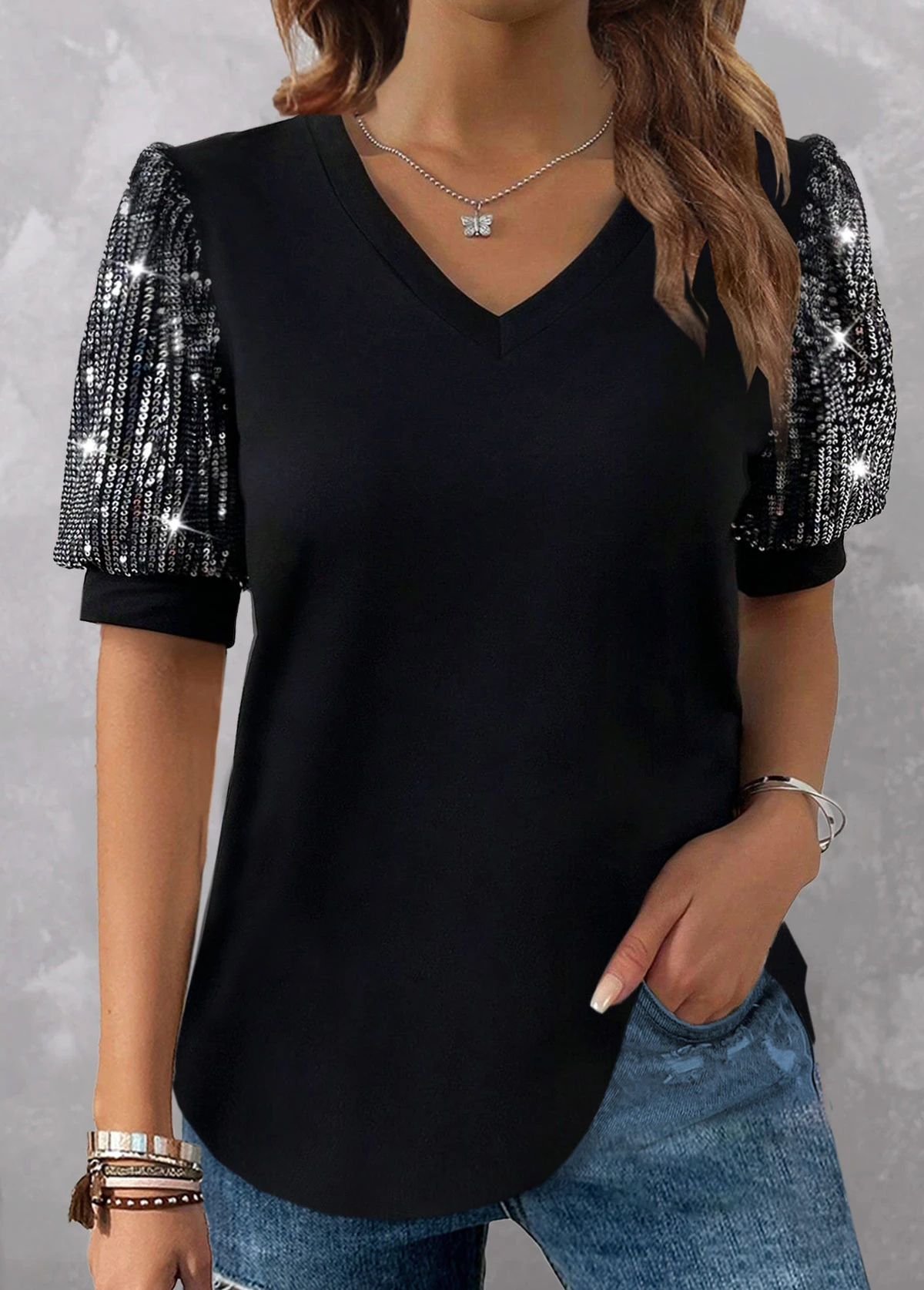 Plus Size Black Sequin Short Sleeve T Shirt 3 Plus Size Black Sequin Short Sleeve T Shirt