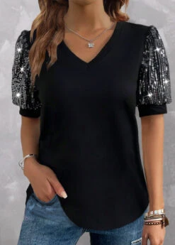 Plus Size Black Sequin Short Sleeve T Shirt 7 Plus Size Black Sequin Short Sleeve T Shirt -Rosewe Promotion Store 333661 P 1683625035877