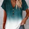 Plus Size Turquoise Button Ombre Short Sleeve Blouse