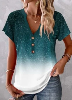 Plus Size Turquoise Button Ombre Short Sleeve Blouse