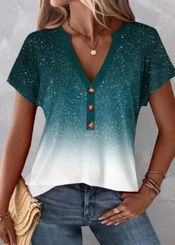 Ombre Button Turquoise V Neck Short Sleeve Blouse -Rosewe Promotion Store 333664 P 1683682213928 1