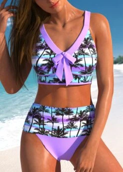 High Waisted Tropical Plants Print Patchwork Bikini Set