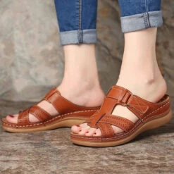 Open Toe Dark Coffee Low Heel Sliders