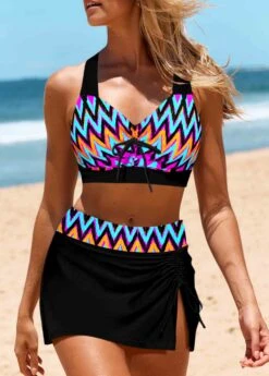 Mid Waisted Chevron Print Bowknot Black Bikini Set