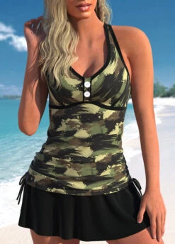 Mid Waisted Camouflage Print Drawstring Tankini Set
