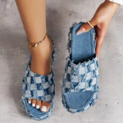 Low Heel Denim Blue Plaid Open Toe Slippers -Rosewe Promotion Store 333820 P 1683711287257
