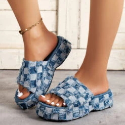 Low Heel Denim Blue Plaid Open Toe Slippers