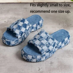 Low Heel Denim Blue Plaid Open Toe Slippers -Rosewe Promotion Store 333820 P 1683711288373