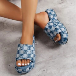 Low Heel Denim Blue Plaid Open Toe Slippers -Rosewe Promotion Store 333820 P 1683711288775