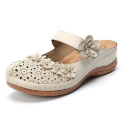 Floral Beige Round Toe Low Heel Sliders