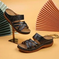 Black Cross Open Toe Low Heel Sliders