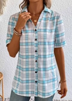 Plus Size Light Blue Button Plaid Blouse -Rosewe Promotion Store 333858 P 16872547132833