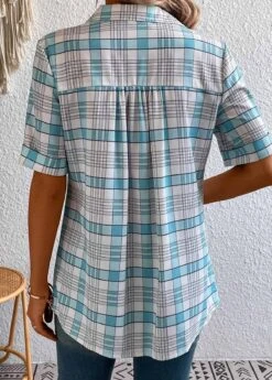 Plus Size Light Blue Button Plaid Blouse -Rosewe Promotion Store 333858 P 16872547137611