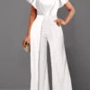 Asymmetry Long V Neck Short Sleeve White Jumpsuit -Rosewe Promotion Store 334006 P 1683876700088