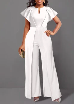 Asymmetry Long V Neck Short Sleeve White Jumpsuit