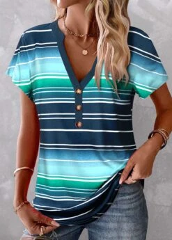 Plus Size Peacock Blue Button Striped T Shirt -Rosewe Promotion Store 334013 P 1683874722388