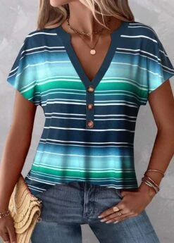 Plus Size Peacock Blue Button Striped T Shirt -Rosewe Promotion Store 334013 P 1683874723568