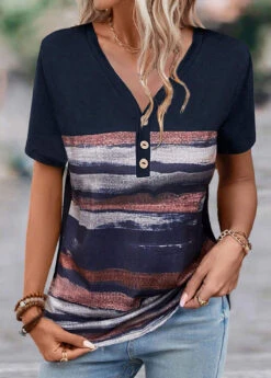 Striped Button Navy V Neck T Shirt