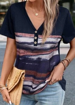 Striped Button Navy V Neck T Shirt -Rosewe Promotion Store 334043 P 1683886548554