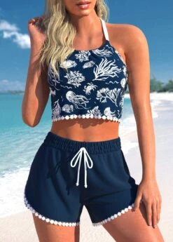Mid Waisted Marine Life Print Patchwork Bikini Set