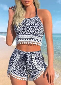 High Waisted Tribal Print Patchwork Navy Bikini Set -Rosewe Promotion Store 334160 P 1684727758022