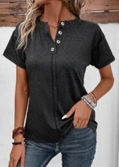 Split Neck Button Black Short Sleeve T Shirt -Rosewe Promotion Store 334173 P 16901993213053
