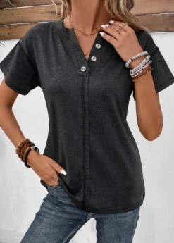 Split Neck Button Black Short Sleeve T Shirt -Rosewe Promotion Store 334173 P 16901993214852