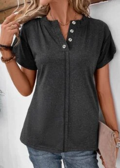 Split Neck Button Black Short Sleeve T Shirt -Rosewe Promotion Store 334173 P 16901993215244